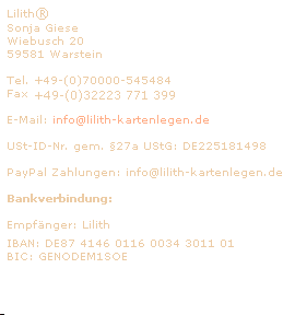 Sonja Giese, Wiebusch 20,59581 Warstein, Tel. 070000 545484 , U-St.ID � 27 DE 225181498